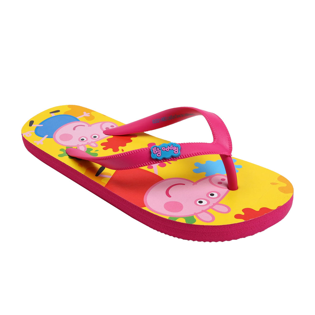 A close-up view of a pair of flip-flops showing the detailed pattern with splashes of color and a character Peppa and George design, ideal for girls