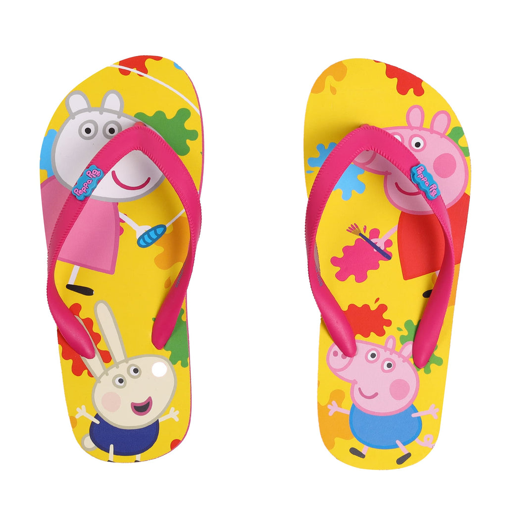 Bright yellow Peppa and George children's flip-flops with vibrant color splashes and a cheerful pink strap, showcasing a playful character