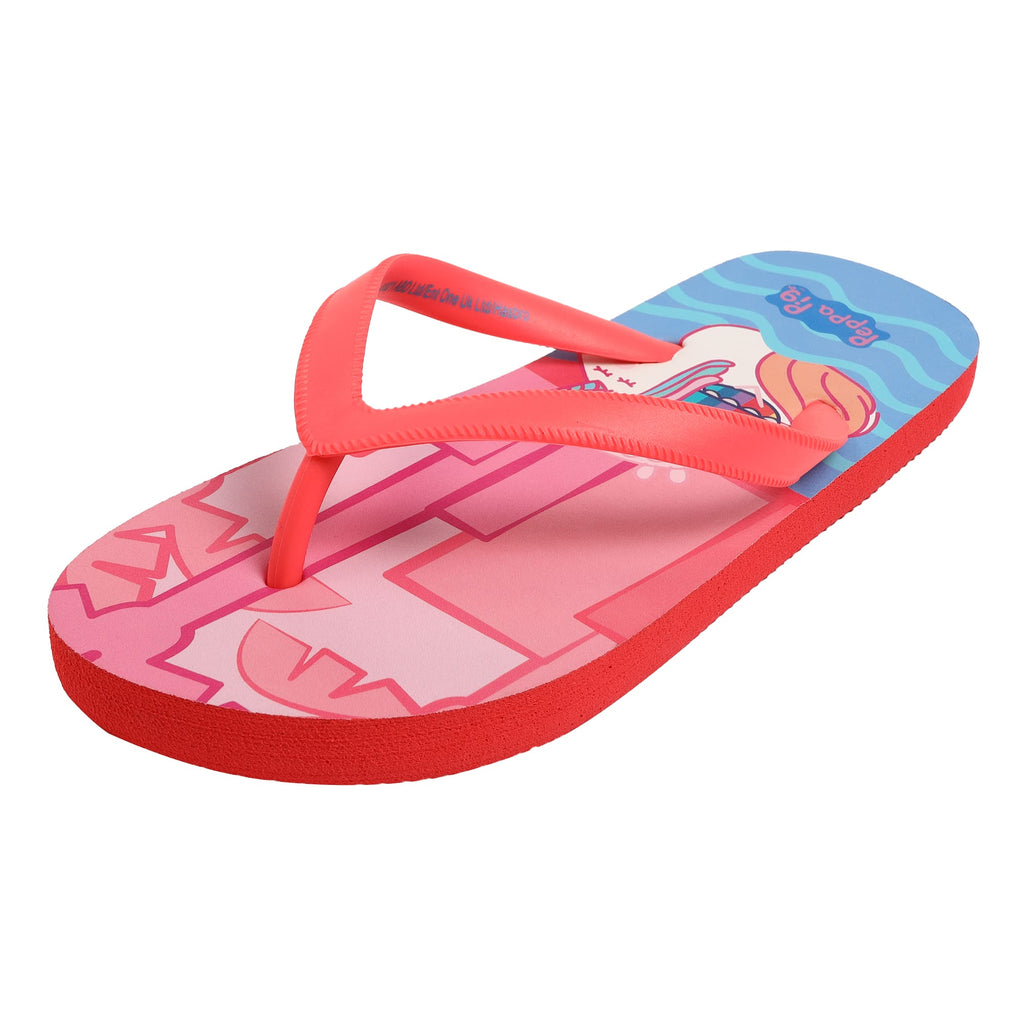 Close-up view of a Peppa Pig girl's pool party-themed red flip-flop, emphasizing the vibrant print and texture for safe, slip-resistant walking.