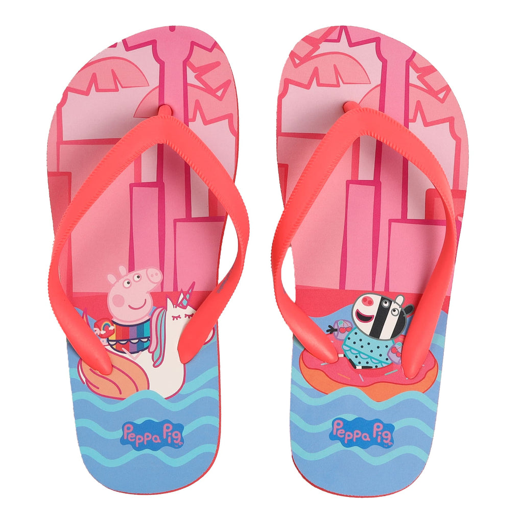 A pair of  red flip-flops for girls showcasing a delightful pool party theme with colorful Peppa Pig character illustrations of and pink straps