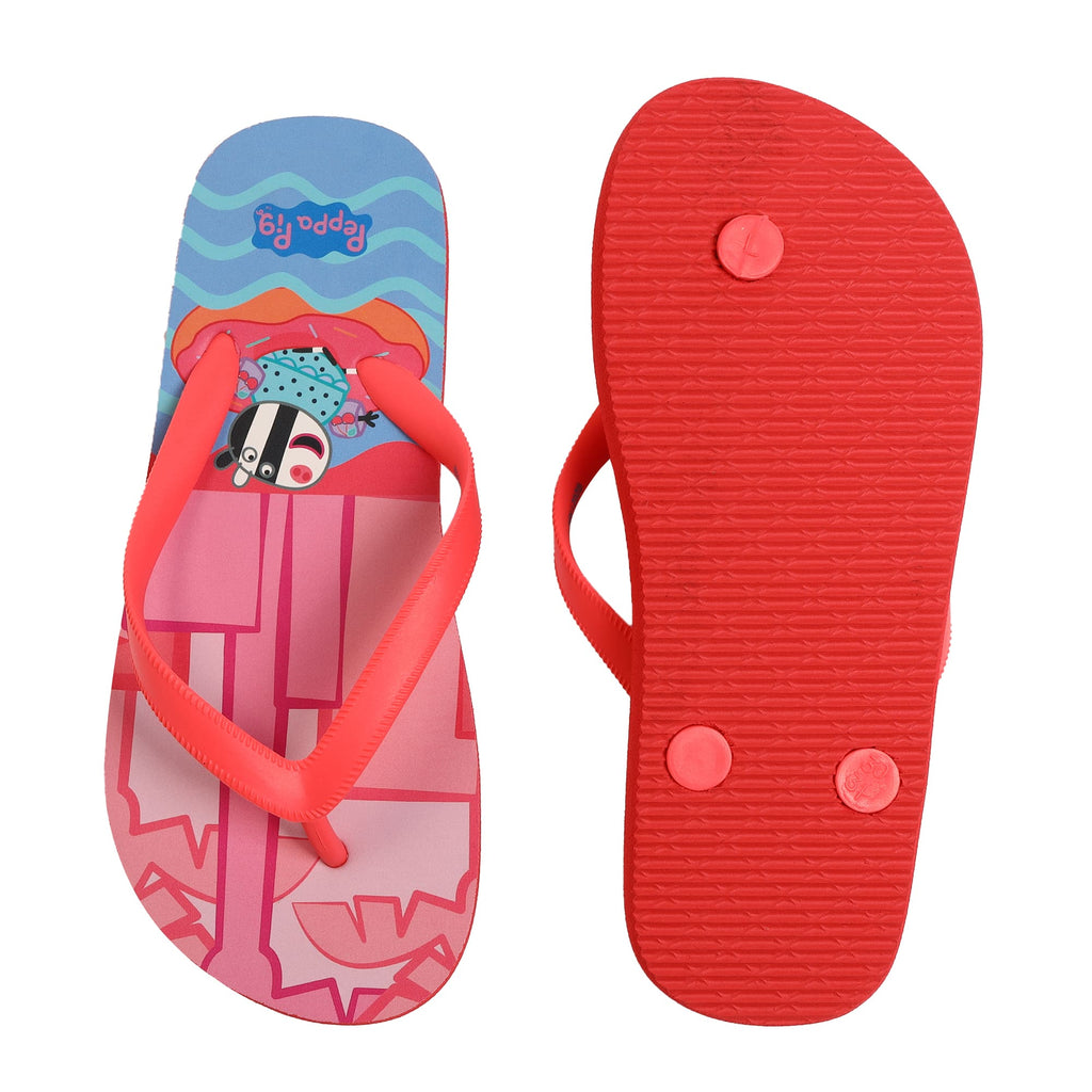 Top view of Peppa Pig girl's red flip-flops with a pool party character motif on a soft insole, set against a playful background