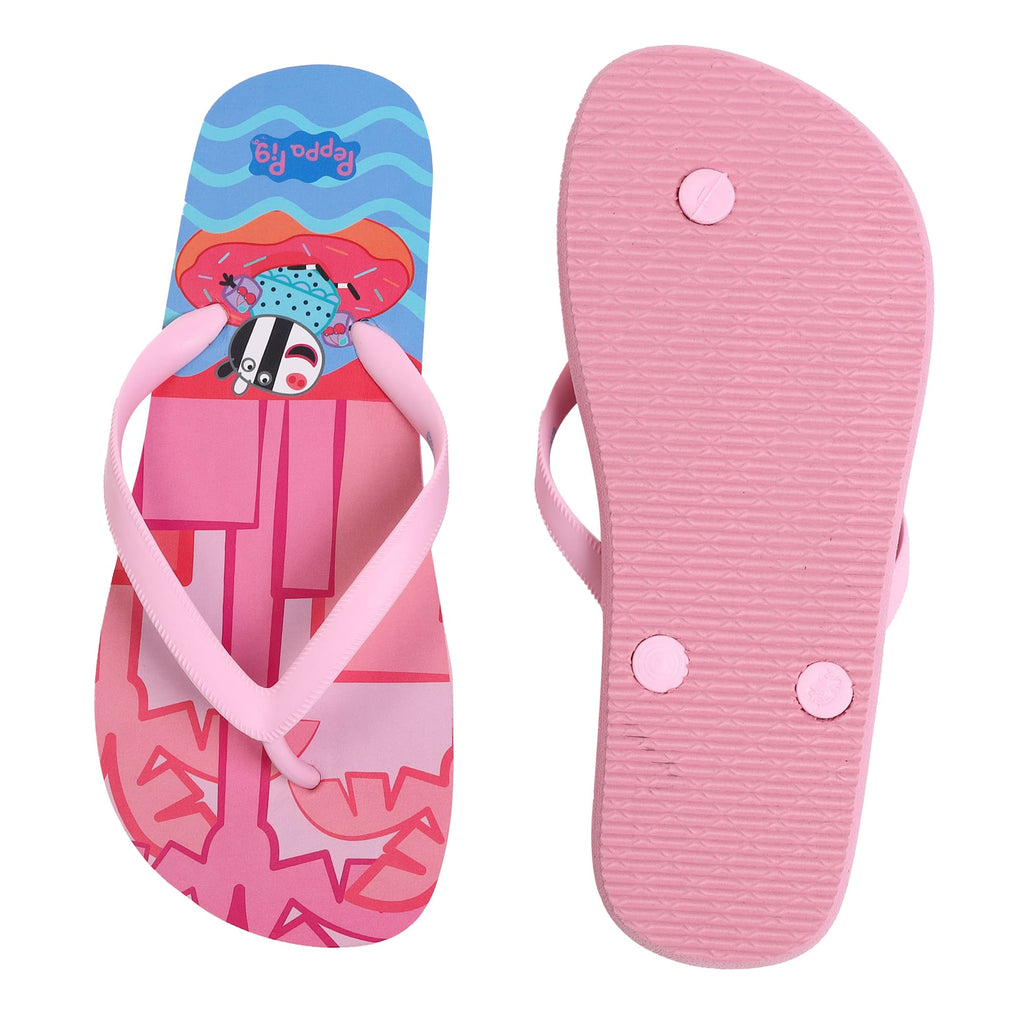 Top view of Peppa Pig pool party-themed girls' flip-flops set on a pink backdrop, highlighting the vibrant print and charming character designs.