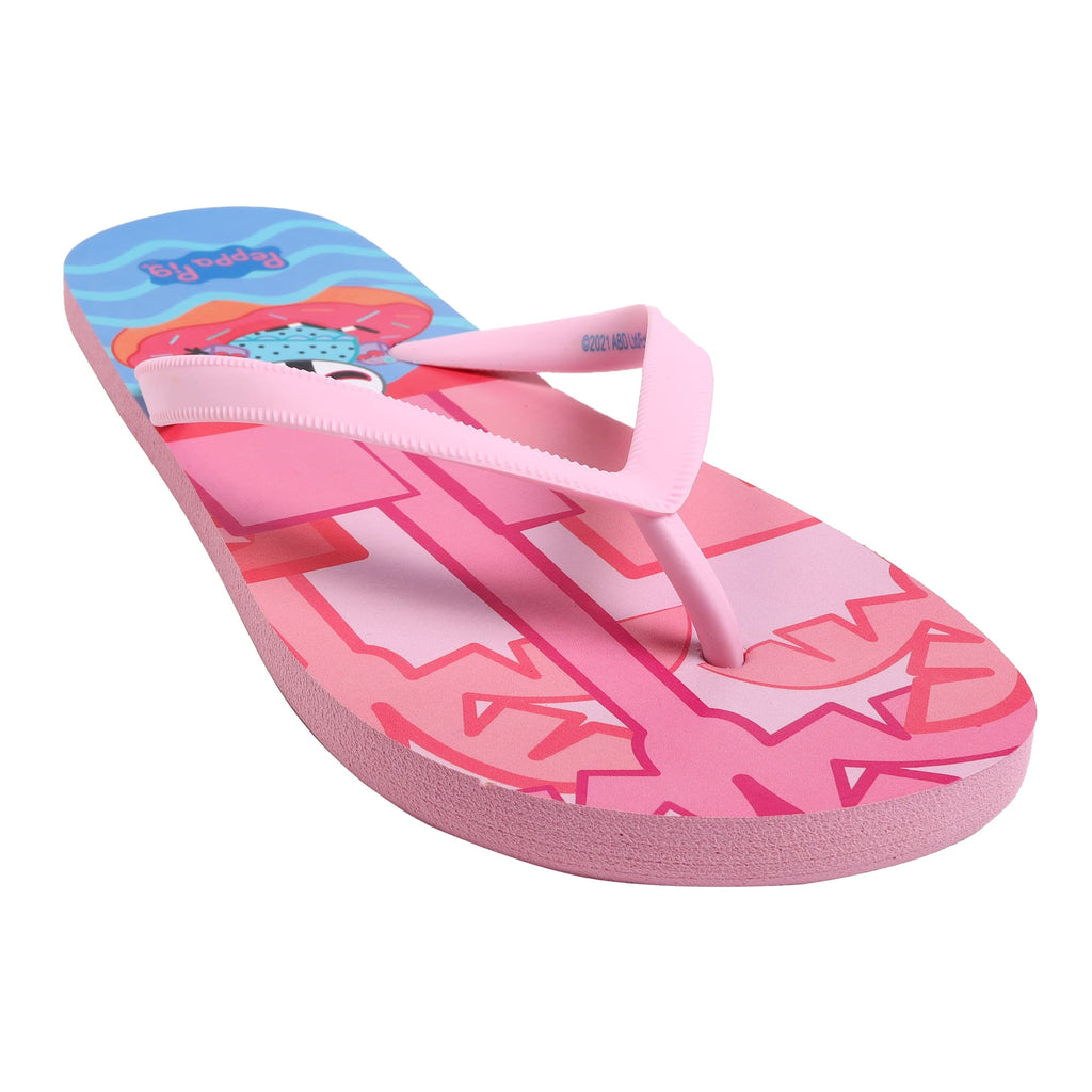 Close-up of a girl's Peppa Pig flip-flop with a pool party print, focusing on the detailed character design and the texture of the sole for slip resistance.