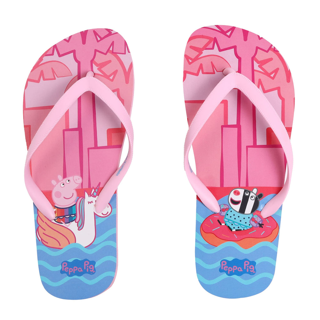 A pair of girls' Peppa Pig pink flip-flops showcasing a pool party scene with fun characters, complete with a soft pink strap for comfortable wear.
