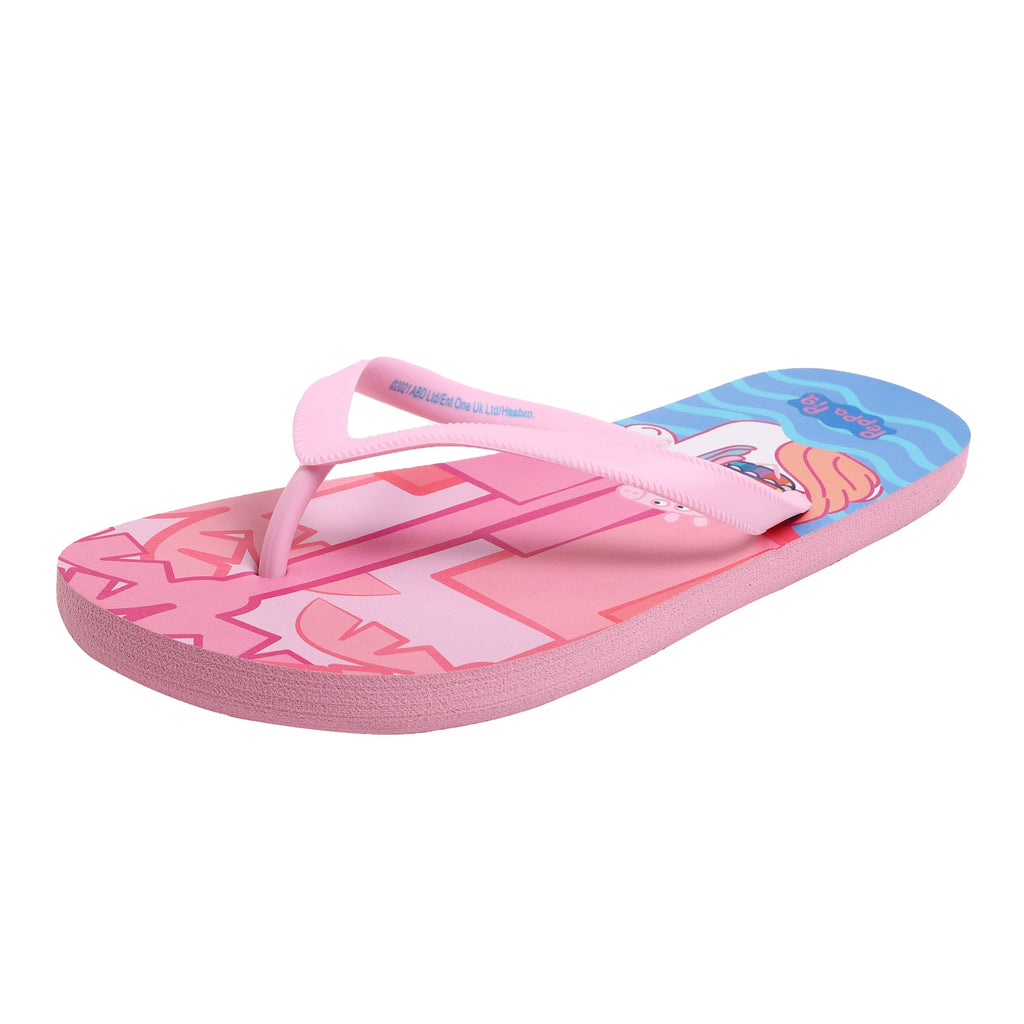 Angled view of a pool party-themed Peppa Pig flip-flop for girls, displaying the full insole design with a playful character and a secure, soft strap.