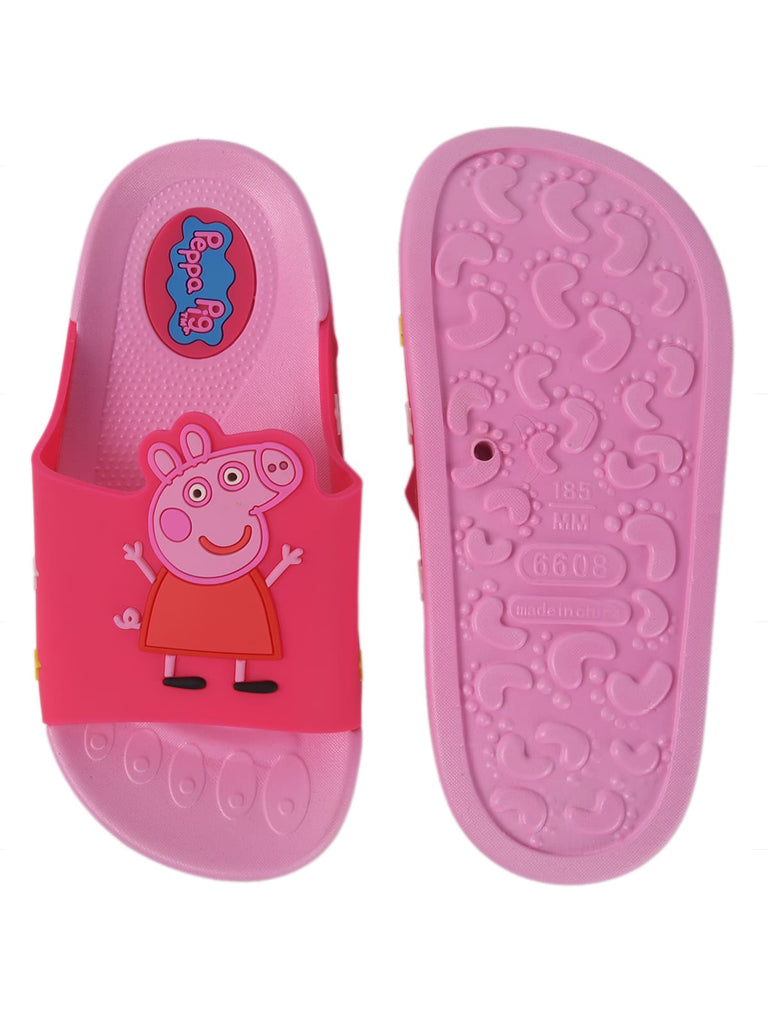 Top-down view of playful Peppa Pig pink 3D slippers for girls with character detail, set on a soft insole for comfort.