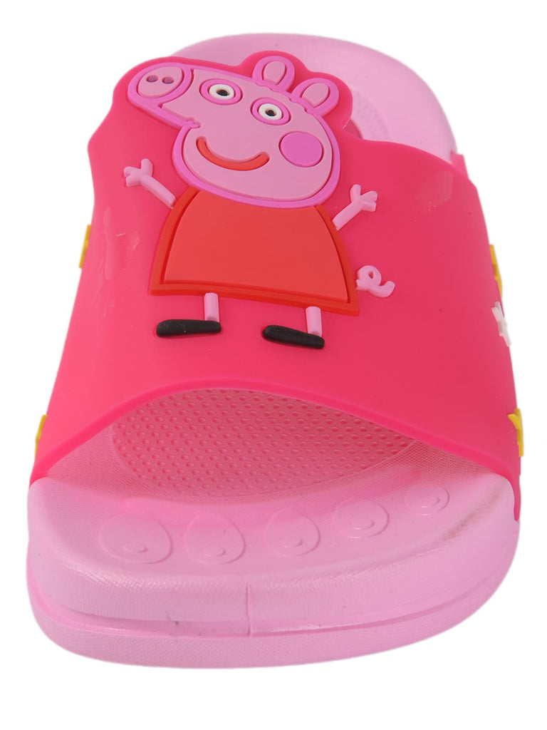 Frontal view of Peppa Pig  pink 3D slippers for girls highlighting the character's face and the textured, non-slip sole.
