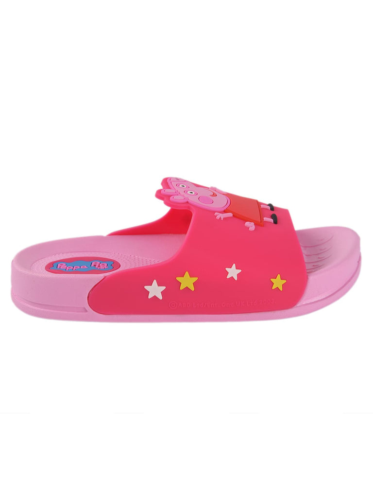 Profile view of Peppa Pig pink girls' slippers with a 3D character design, showcasing the slippers' contour and comfortable fit.