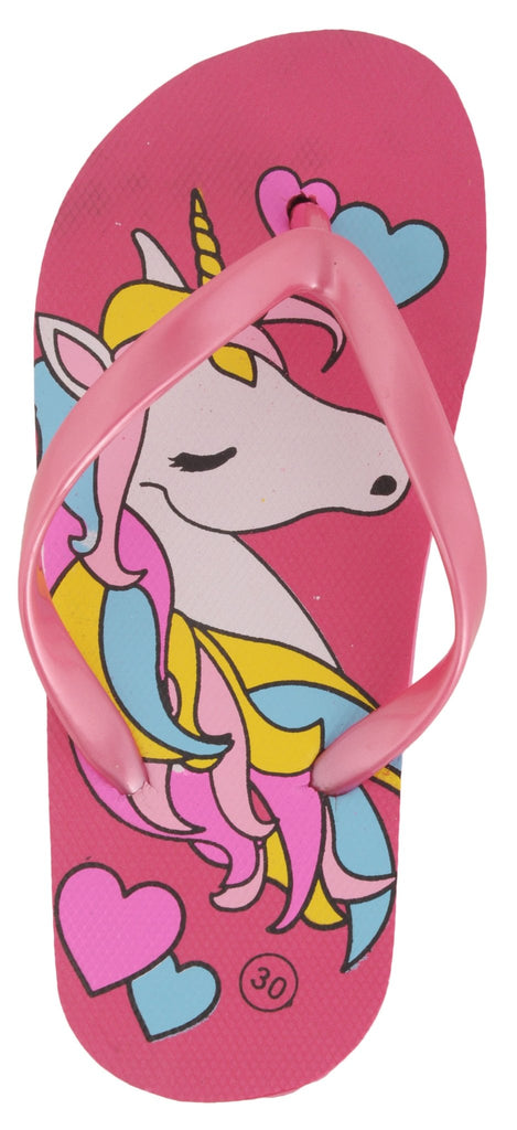 Close-up of the unicorn illustration on girl's dark pink flip-flops, with a focus on the charming details and hearts.-zoomed