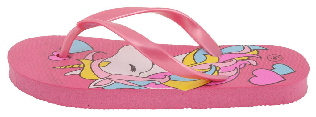 Side angle of girl's dark pink flip-flops with unicorn design, emphasizing the comfortable straps and playful hearts.