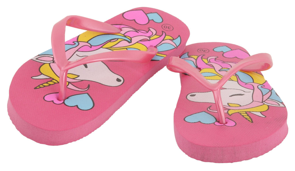 Full length of the dark pink unicorn flip-flops for girls, showing off the thick sole for cushioned support