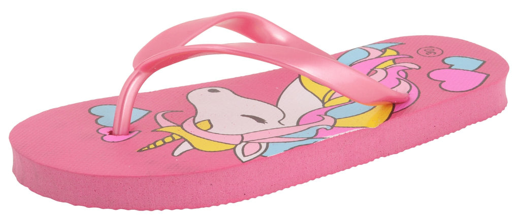 Side angle of girl's dark pink flip-flops with unicorn design, emphasizing the comfortable straps and playful hearts.-right side