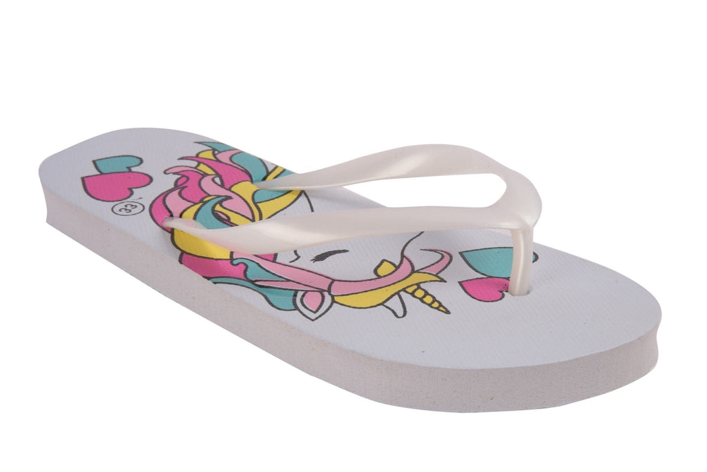 Side view of light blue unicorn flip-flops highlighting the thick, comfortable sole and charming unicorn design.