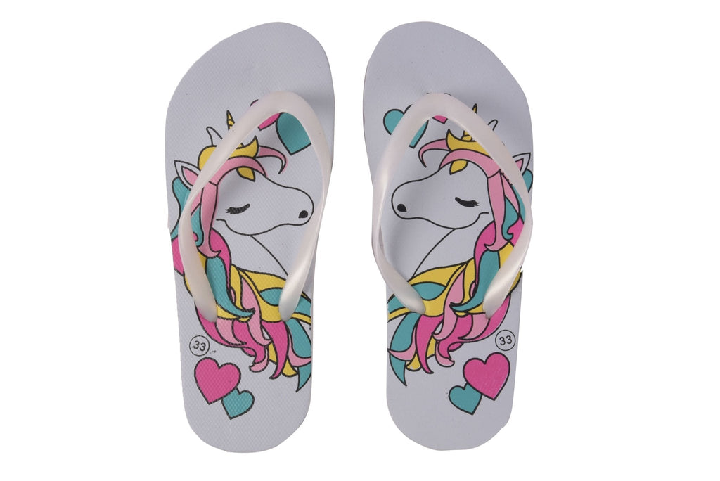 Whimsical unicorn flip-flops in light blue with colorful heart accents, ideal for girls who love fantasy.