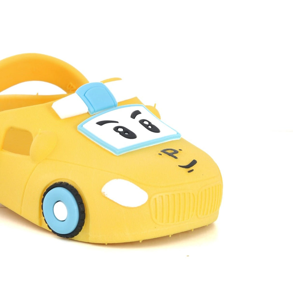 Front view of the yellow car pattern clogs, highlighting the car's happy face.