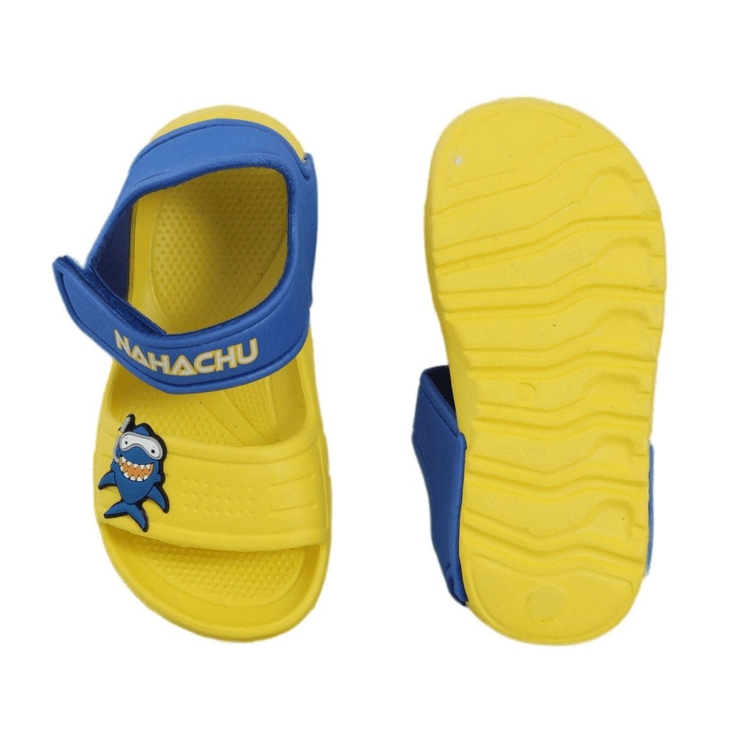 Top and Sole View of Yellow Shark Sandals for Children