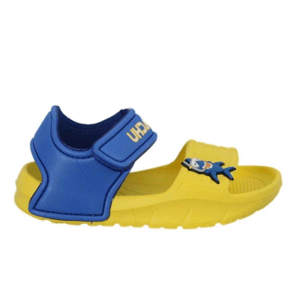 Side View of Yellow Bee's Shark Themed Kids' Sandals