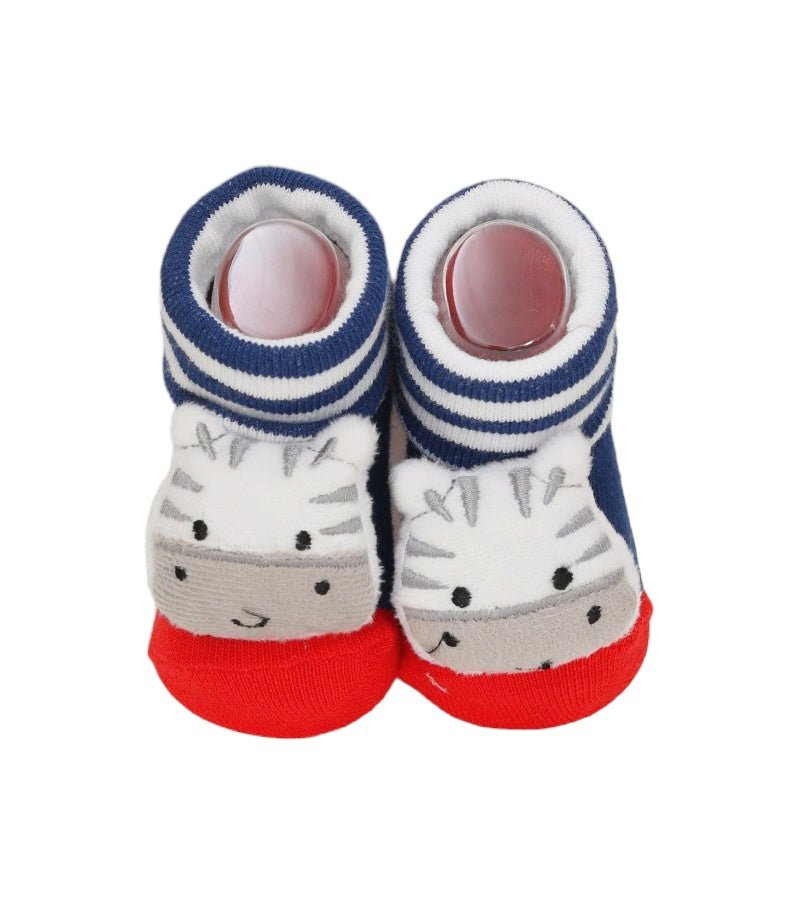Pair of infant socks featuring a zebra stuffed toy design with snug elastic tops.