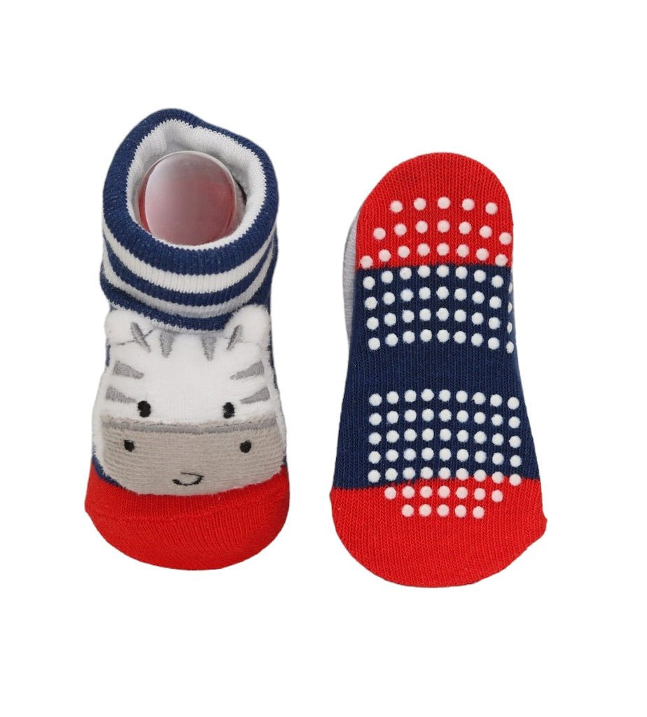 Bottom view of infant zebra socks showcasing anti-slip dots for safe walking.