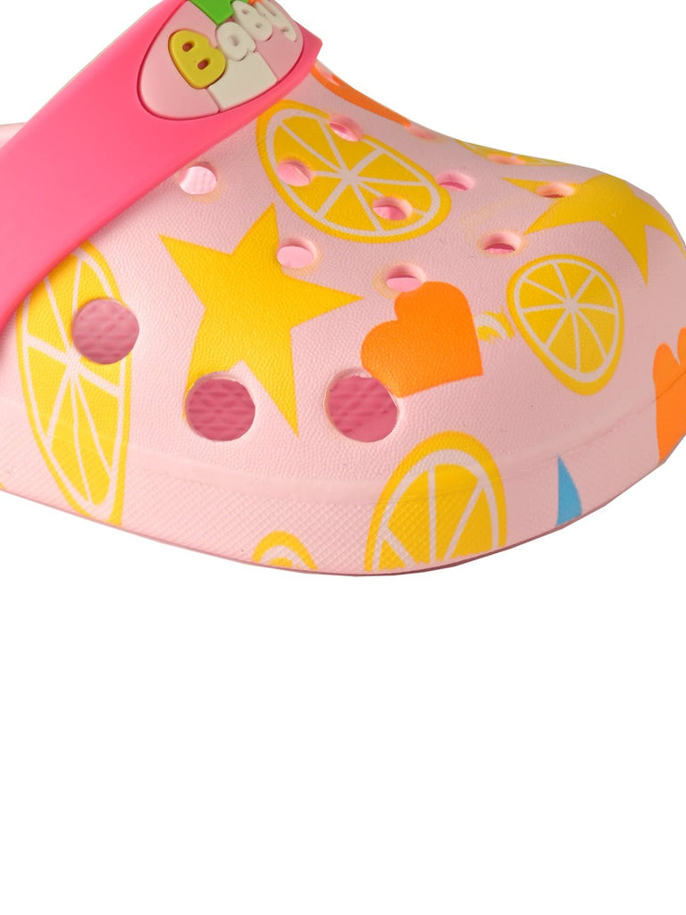 Pastel Pink Kids' Clogs with Lemon and Star Patterns, Secure Pivoting Heel Straps