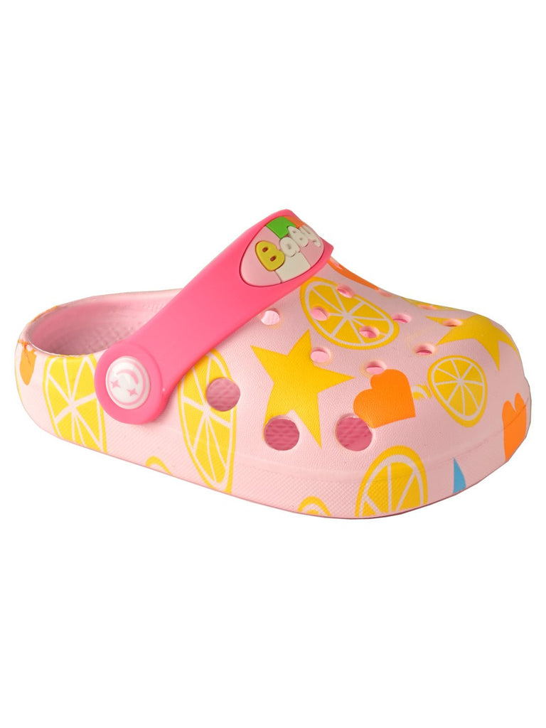 Pastel Pink Kids' Clogs with Lemon and Star Patterns, Secure Pivoting Heel Straps-side