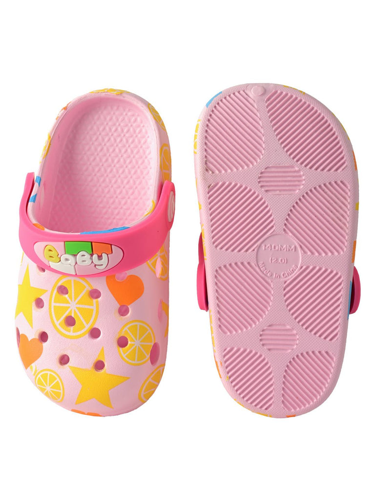Pastel Pink Kids' Clogs with Lemon and Star Patterns, Secure Pivoting Heel Straps-back