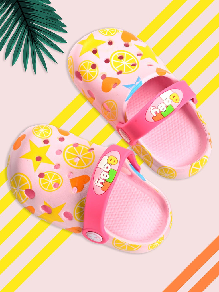 Pastel Pink Kids' Clogs with Lemon and Star Patterns, Secure Pivoting Heel Straps