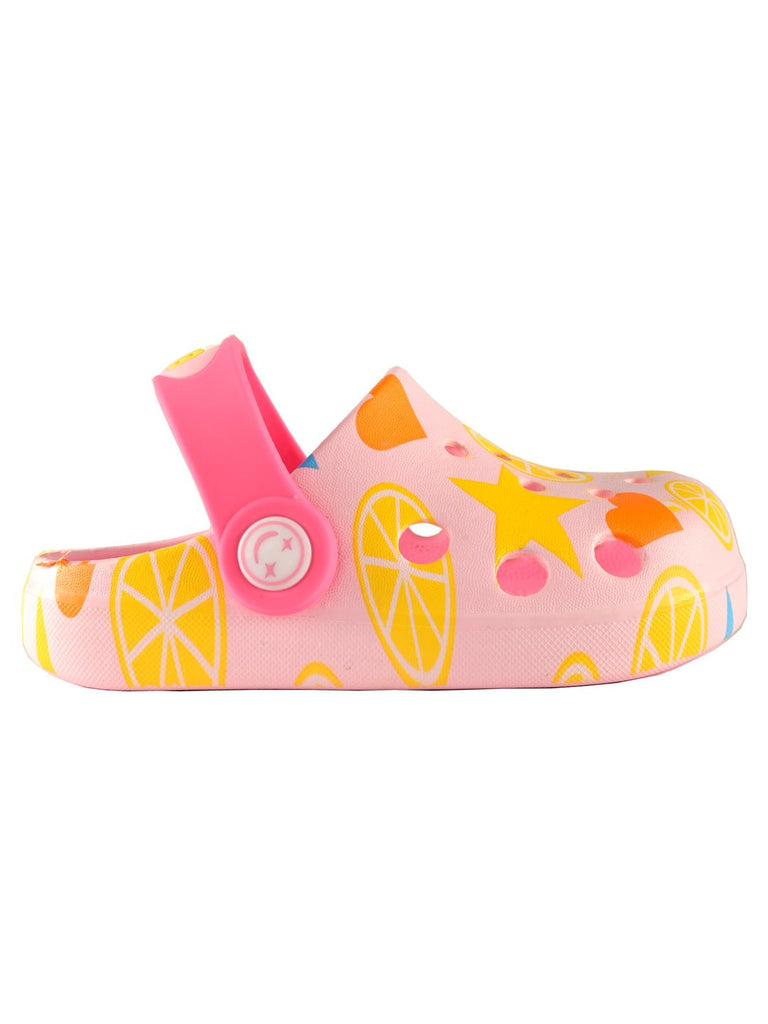 Pastel Pink Kids' Clogs with Lemon and Star Patterns, Secure Pivoting Heel Straps-side1