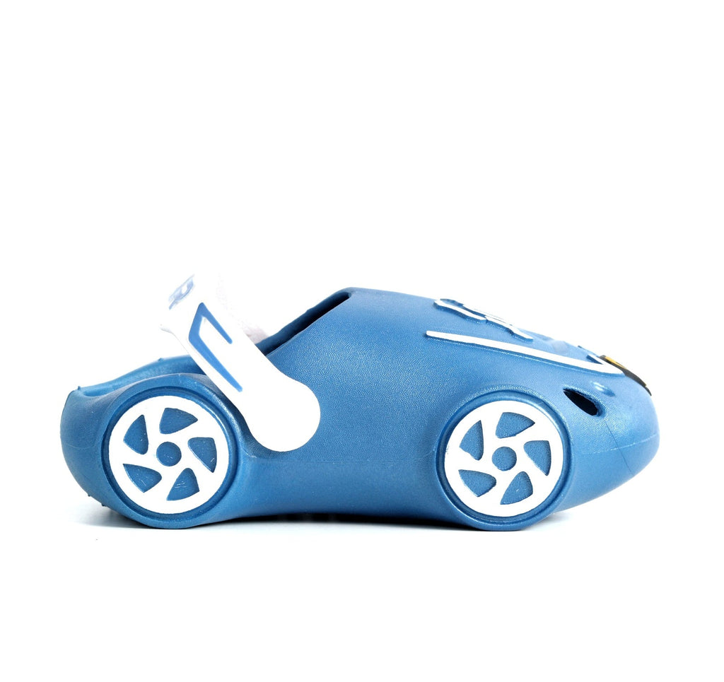 Blue Car Clog Profile View Showcasing Wheel Detail