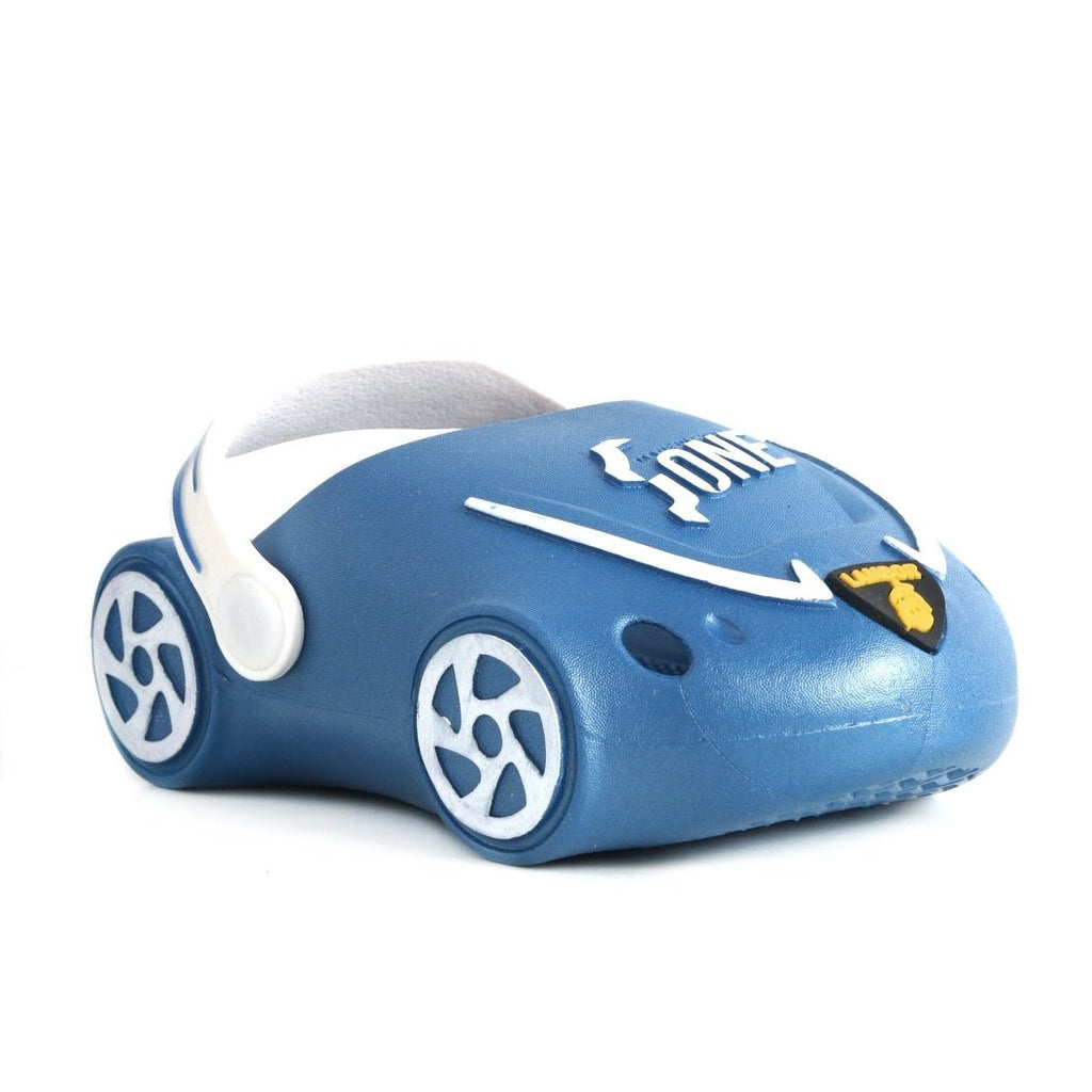 Blue Car Clog Front View with Racing Stripes