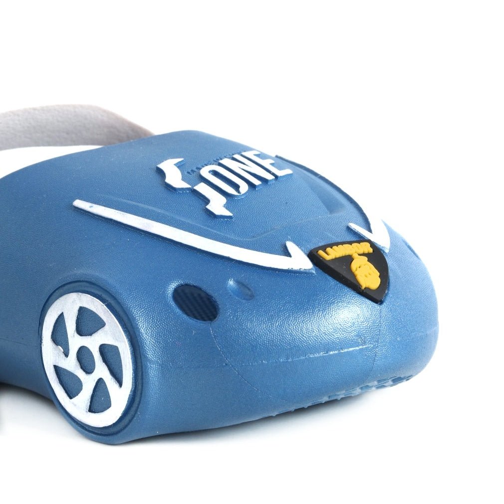 Close-up of Blue Car Clog with Front Bumper Design