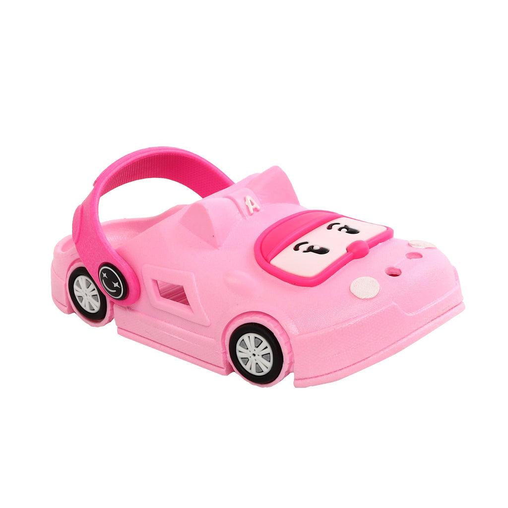Side view of pink car-themed clogs for kids, complete with wheels and a smiling car face, ensuring a comfy and joyous ride.