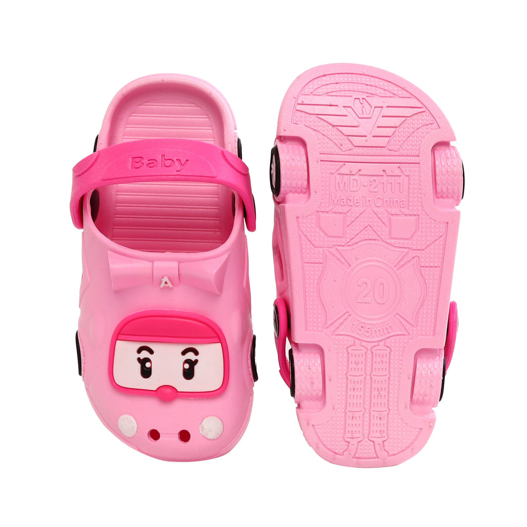 "Adorable pink car clogs for children, designed with a secure strap and a happy car face, ready for any playful adventure."-top