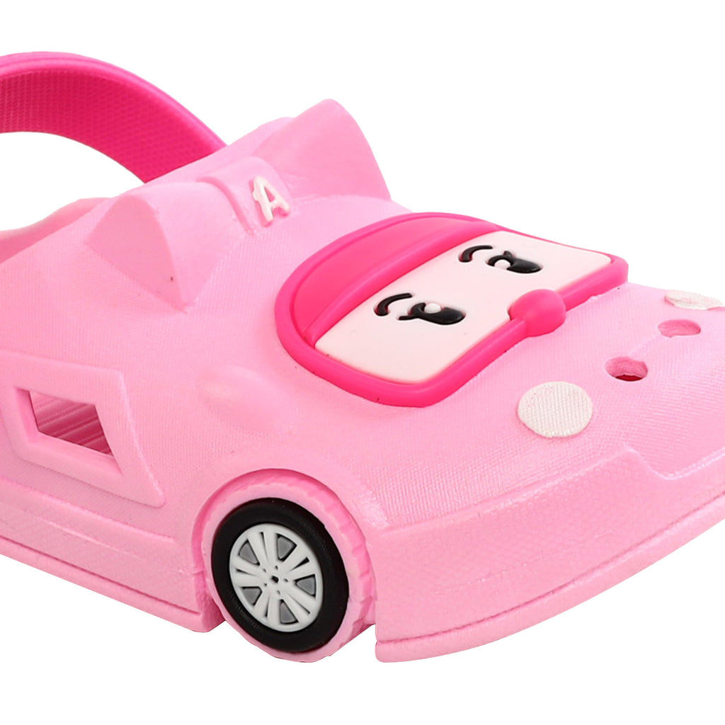 "Adorable pink car clogs for children, designed with a secure strap and a happy car face, ready for any playful adventure."-zoom