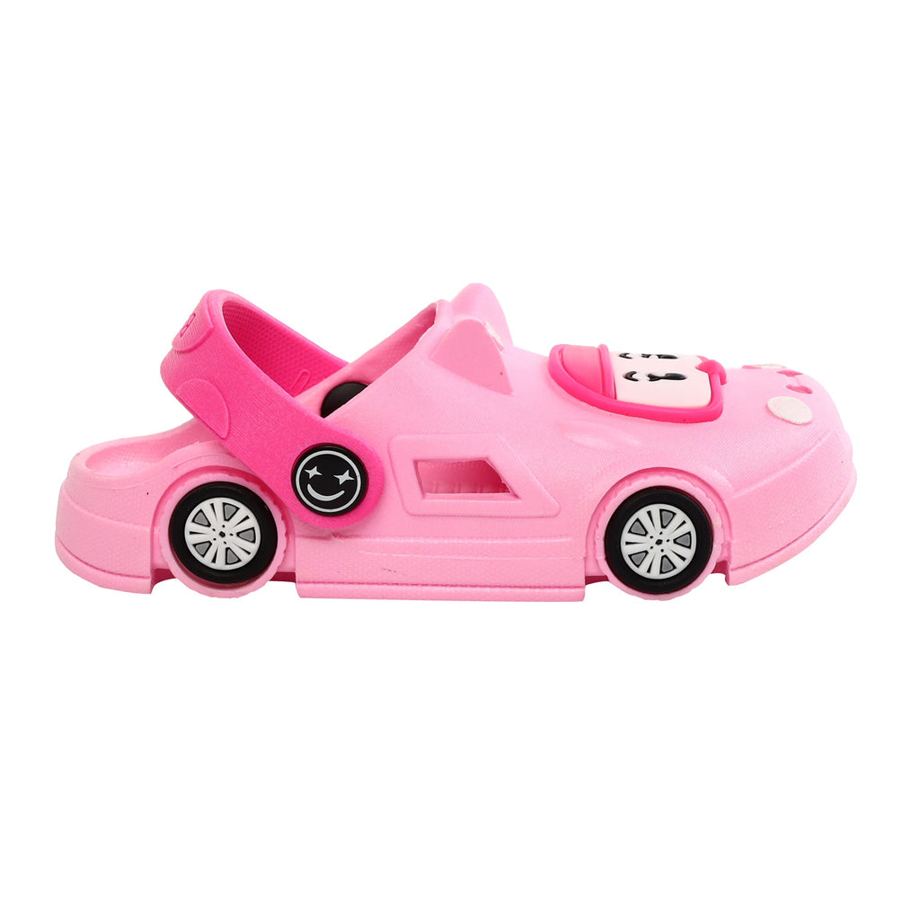Side view of pink car-themed clogs for kids, complete with wheels and a smiling car face, ensuring a comfy and joyous ride.-side2