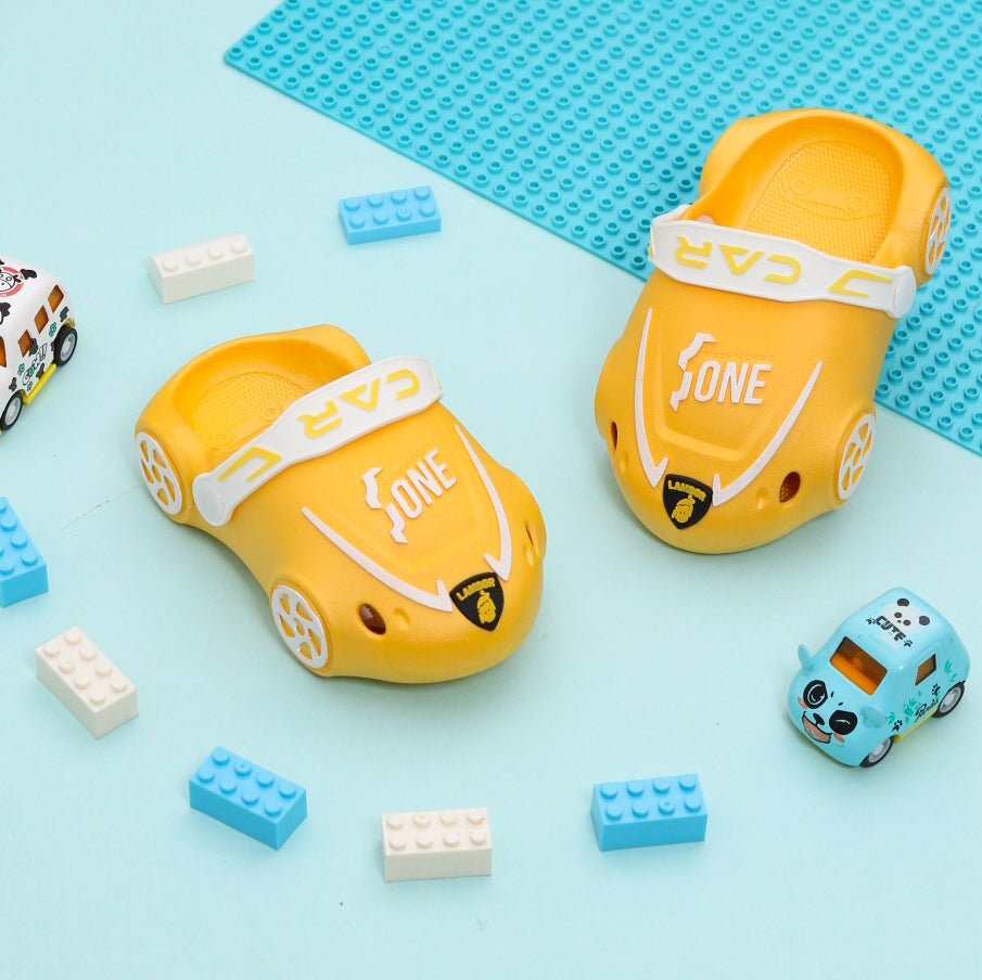 Bright Yellow Car-Themed Clogs for Kids on a Playful Background