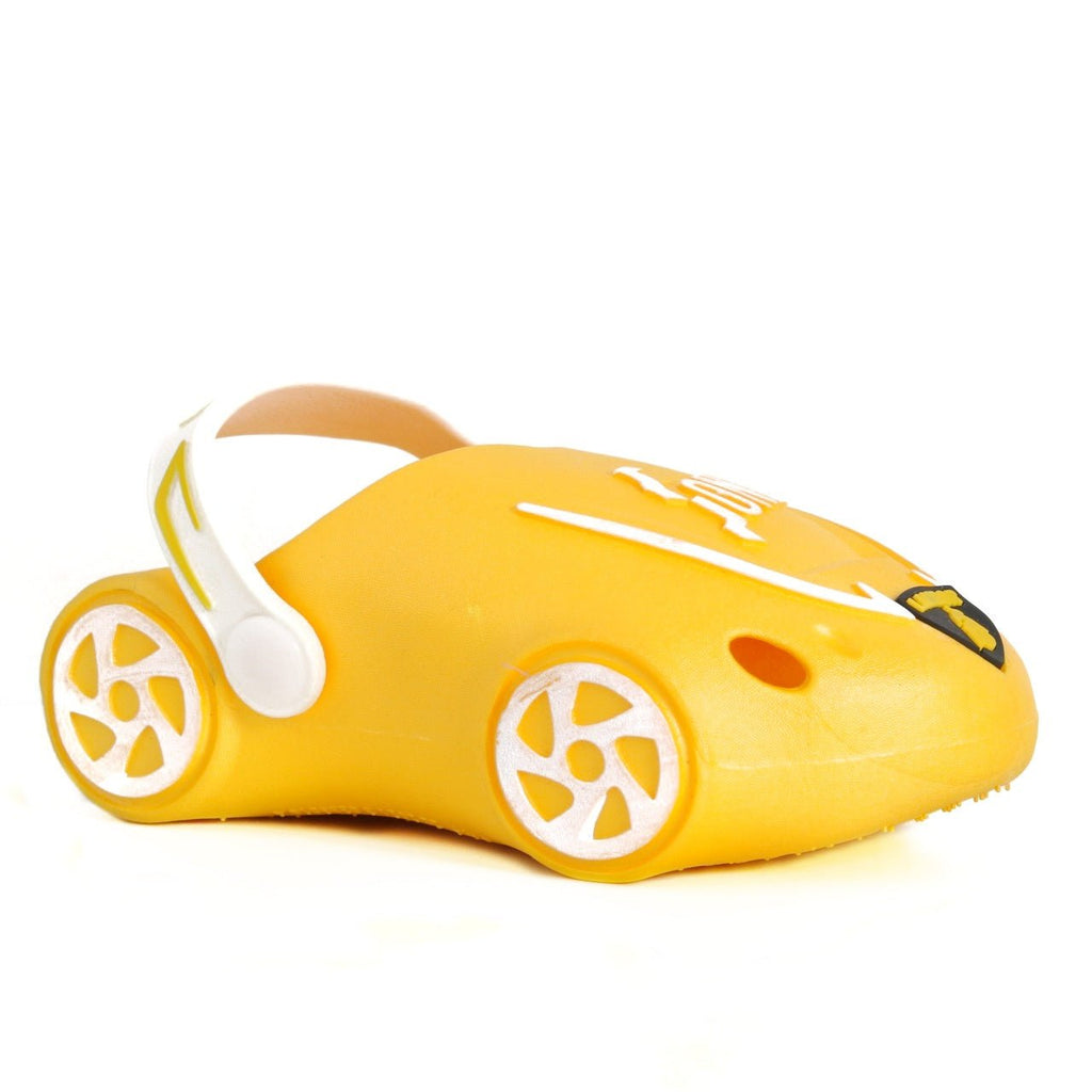 Side View of Kid's Yellow Car Clogs with Racing Stripes and Wheel Details